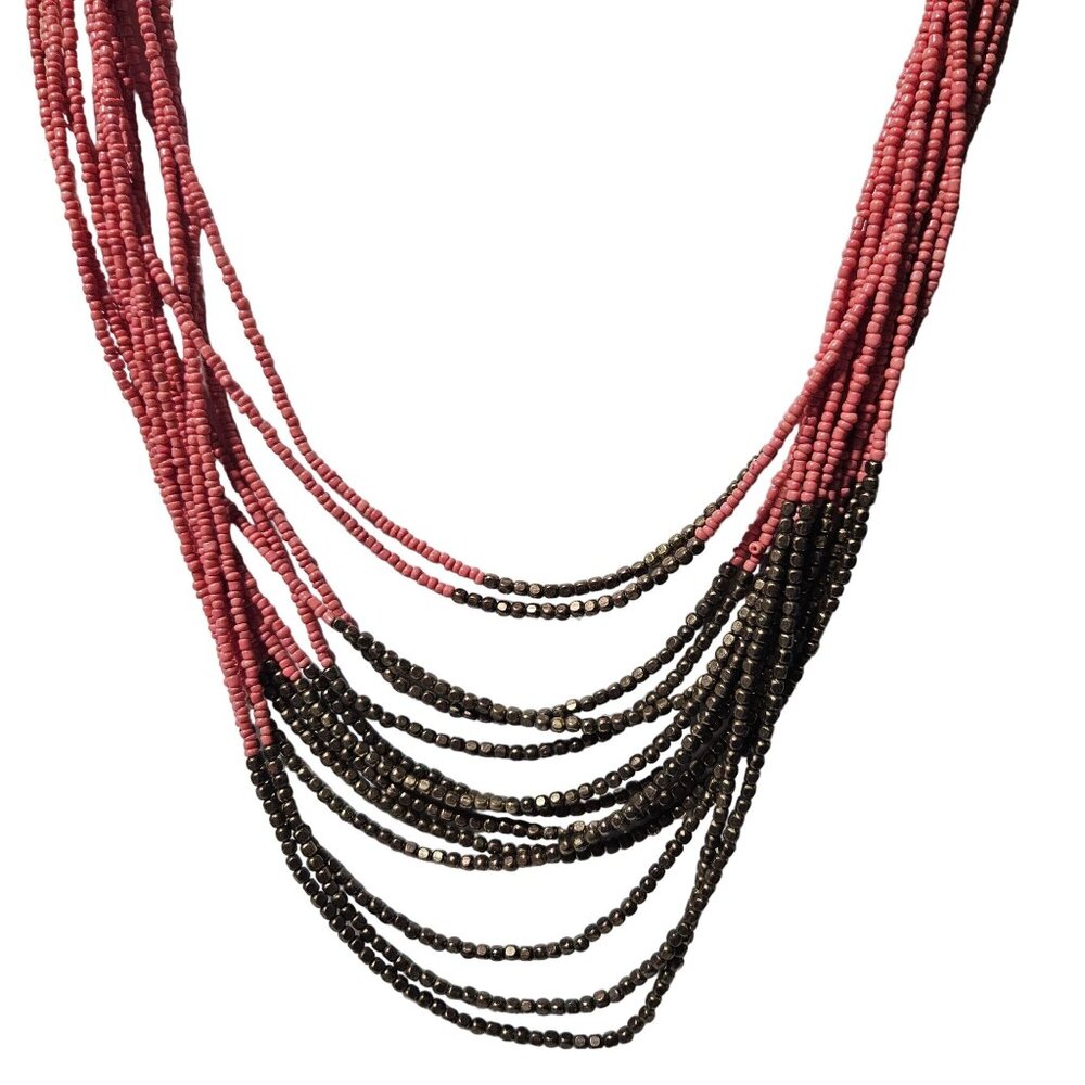 Elegant Coral Bronze Seed Bead Statement Necklace Multi Strand Fashion Jewelry